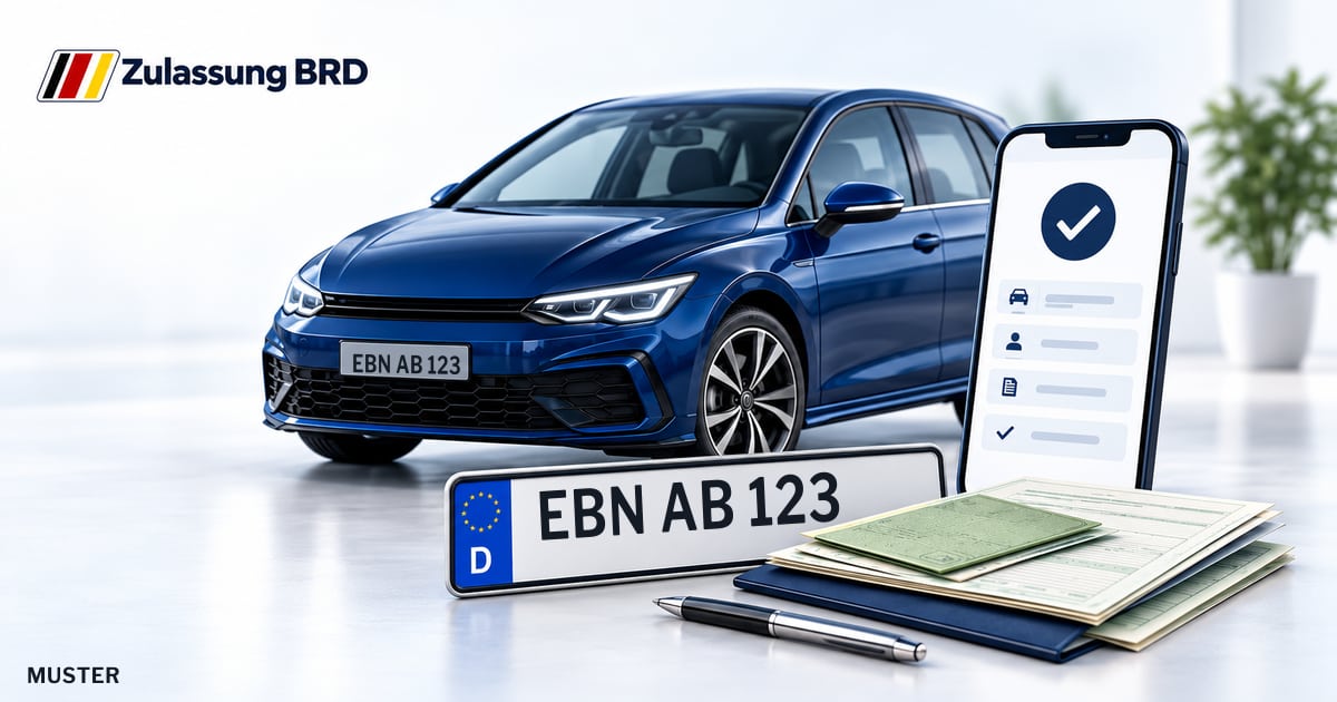Online Fahrzeugzulassung in Ebern: Musterkennzeichen EBN AB 123, Auto und Fahrzeugpapiere und Smartphone. Illustration mit Logo von Zulassung BRD.